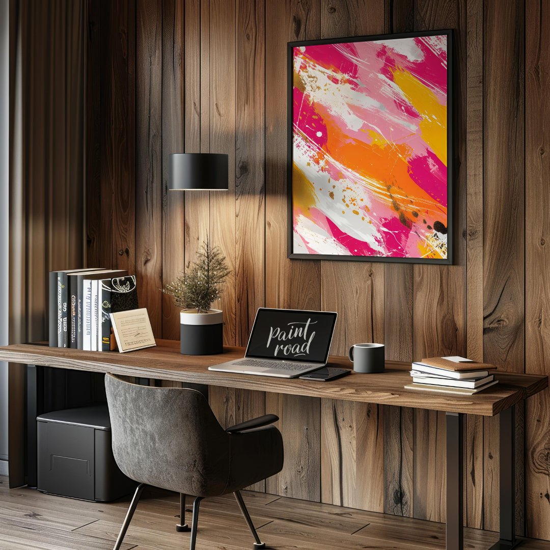 This vibrant abstract painting features bold, expressive brushstrokes in a dynamic palette of fuchs… for office
