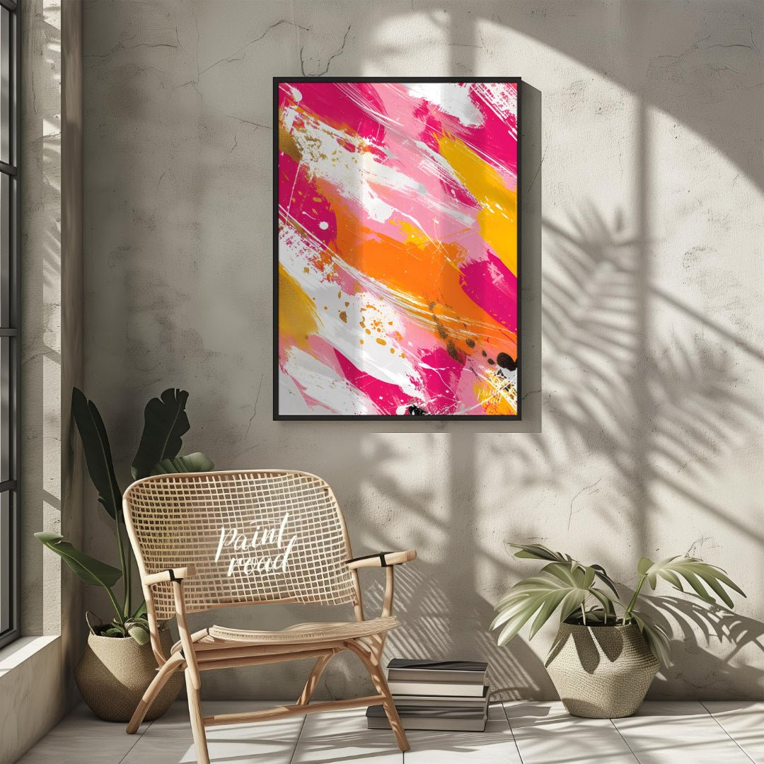 This vibrant abstract painting features bold, expressive brushstrokes in a dynamic palette of fuchs… for other