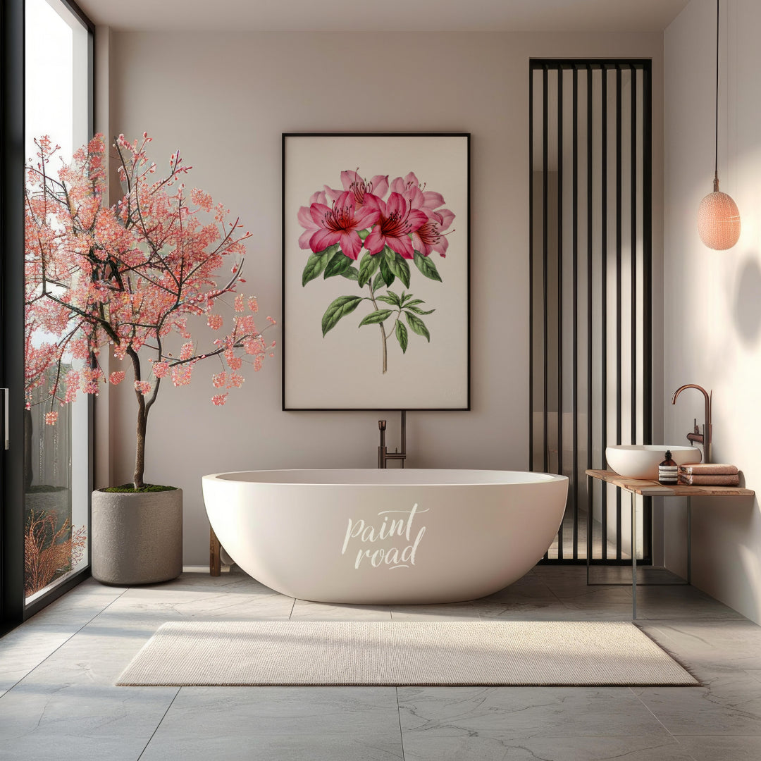 This botanical illustration showcases a vibrant pink azalea flower in full bloom, rendered with met… for bathroom