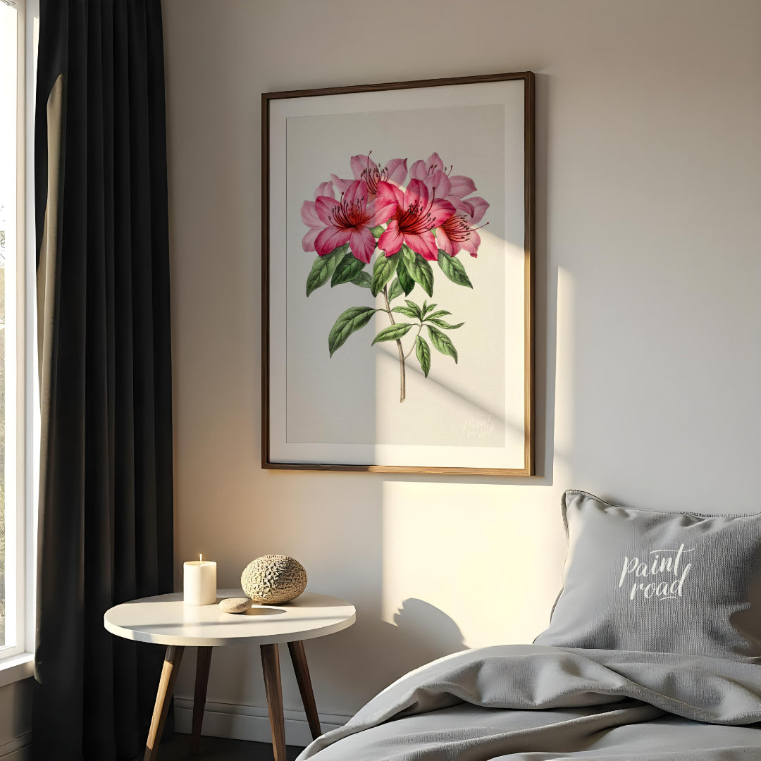 This botanical illustration showcases a vibrant pink azalea flower in full bloom, rendered with met… for bedroom