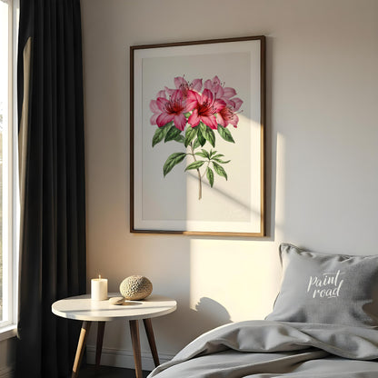 This botanical illustration showcases a vibrant pink azalea flower in full bloom, rendered with met… for bedroom