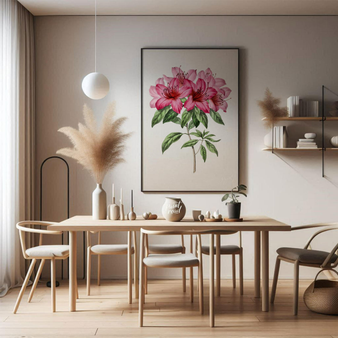 This botanical illustration showcases a vibrant pink azalea flower in full bloom, rendered with met… for dining room