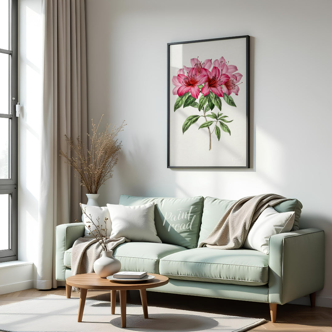 This botanical illustration showcases a vibrant pink azalea flower in full bloom, rendered with met… for living room