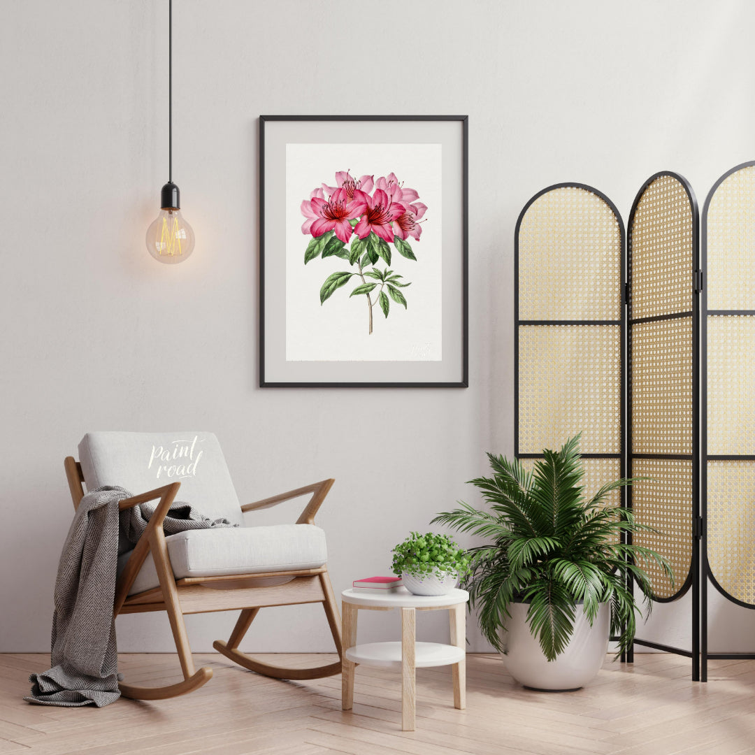 This botanical illustration showcases a vibrant pink azalea flower in full bloom, rendered with met… for living room
