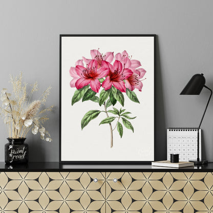 This botanical illustration showcases a vibrant pink azalea flower in full bloom, rendered with met… for office