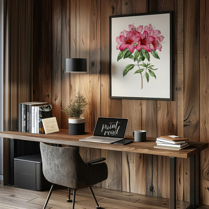 This botanical illustration showcases a vibrant pink azalea flower in full bloom, rendered with met… for office