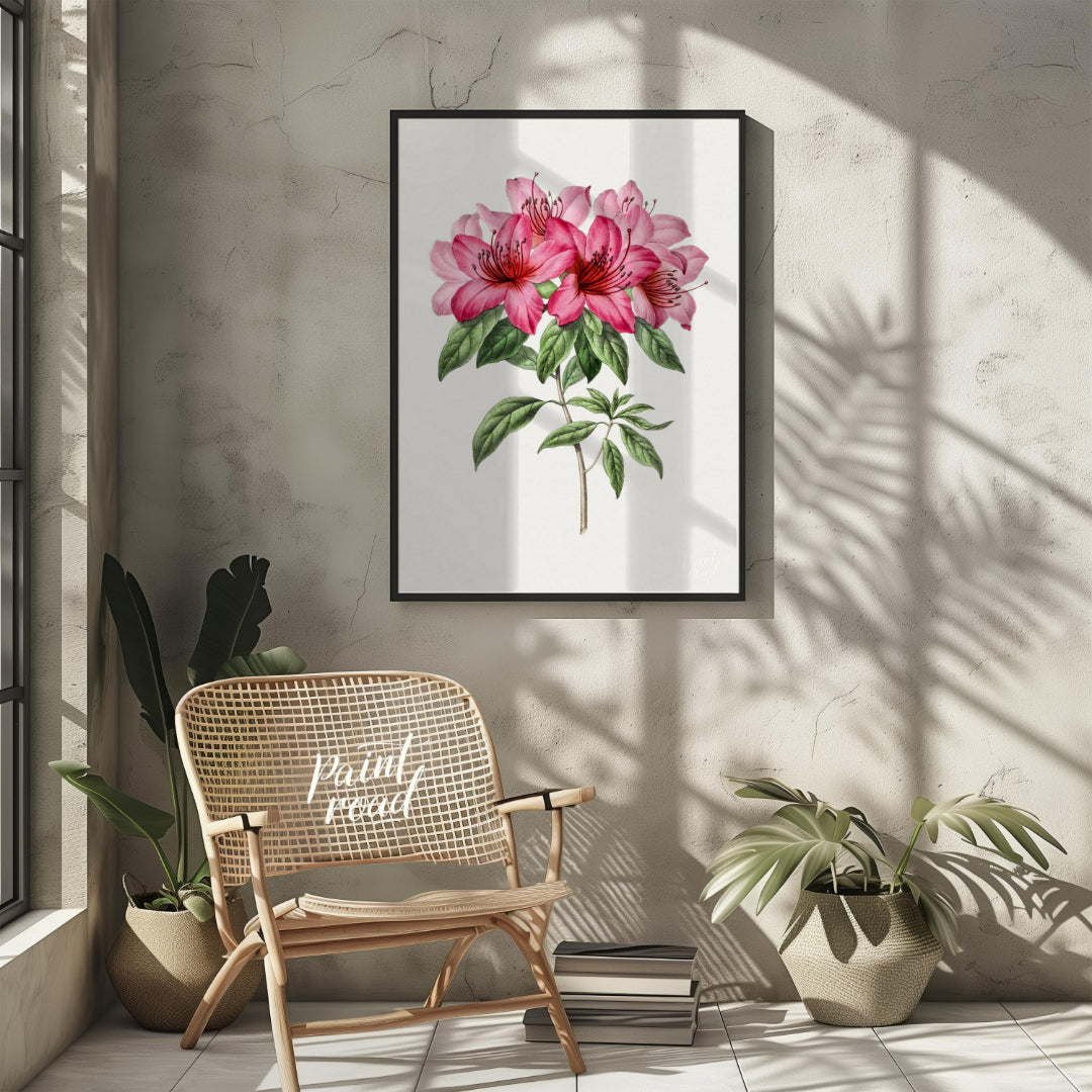 This botanical illustration showcases a vibrant pink azalea flower in full bloom, rendered with met… for other