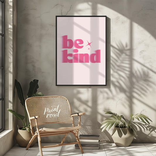 A minimalist yet impactful typographic print that boldly displays the words “be kind” in a soft, la… for abode