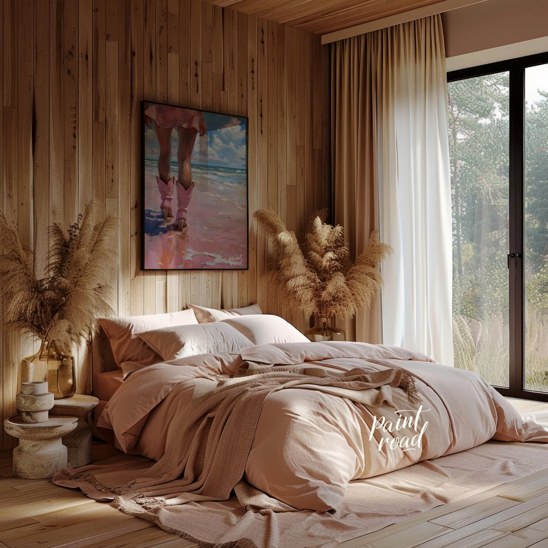 This captivating artwork presents a unique perspective of a person walking along what appears to be… for bedroom