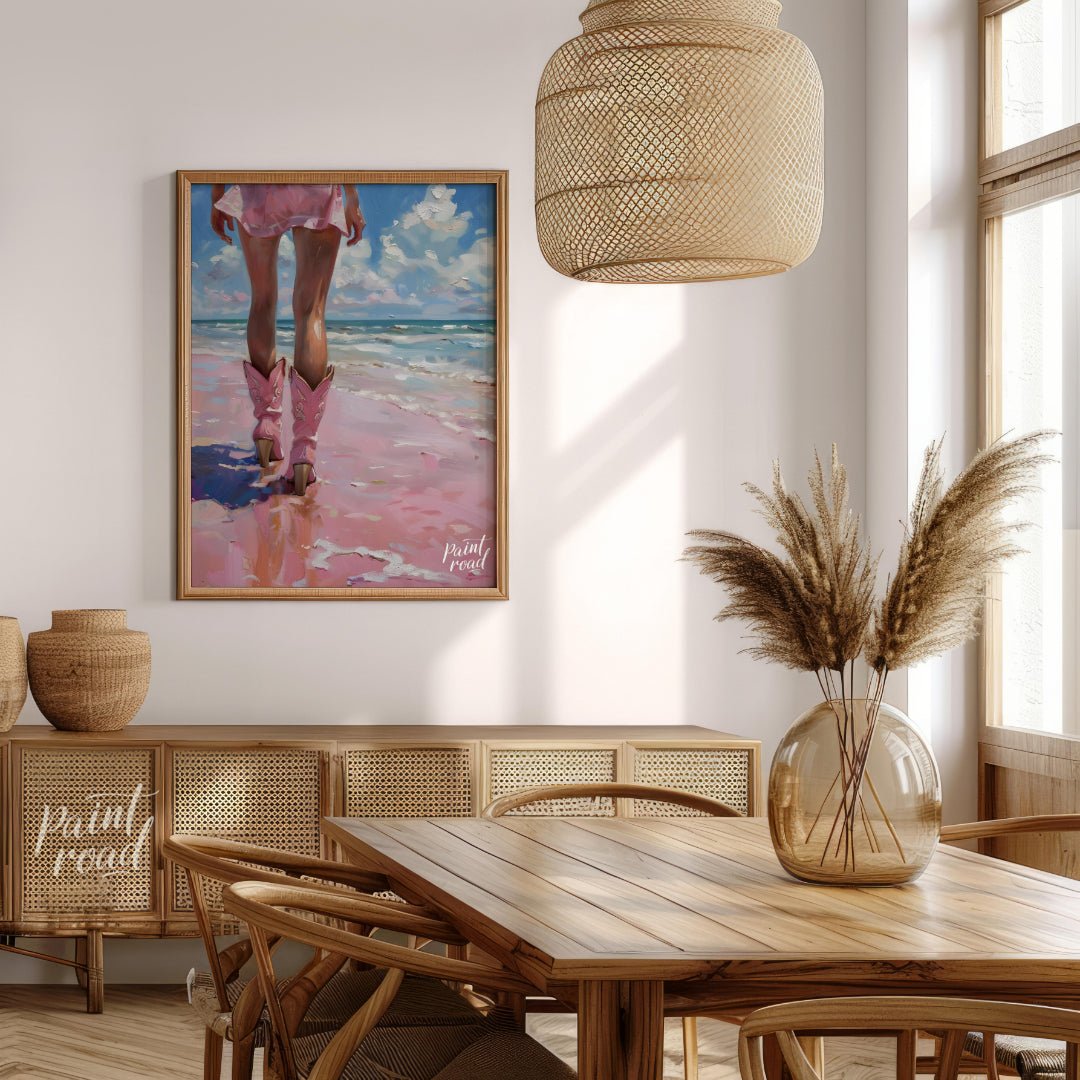 This captivating artwork presents a unique perspective of a person walking along what appears to be… for dining room