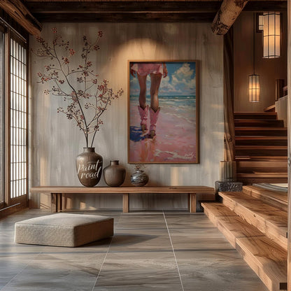 This captivating artwork presents a unique perspective of a person walking along what appears to be… for entryway
