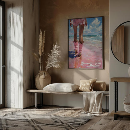 This captivating artwork presents a unique perspective of a person walking along what appears to be… for entryway