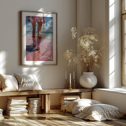 This captivating artwork presents a unique perspective of a person walking along what appears to be… for living room