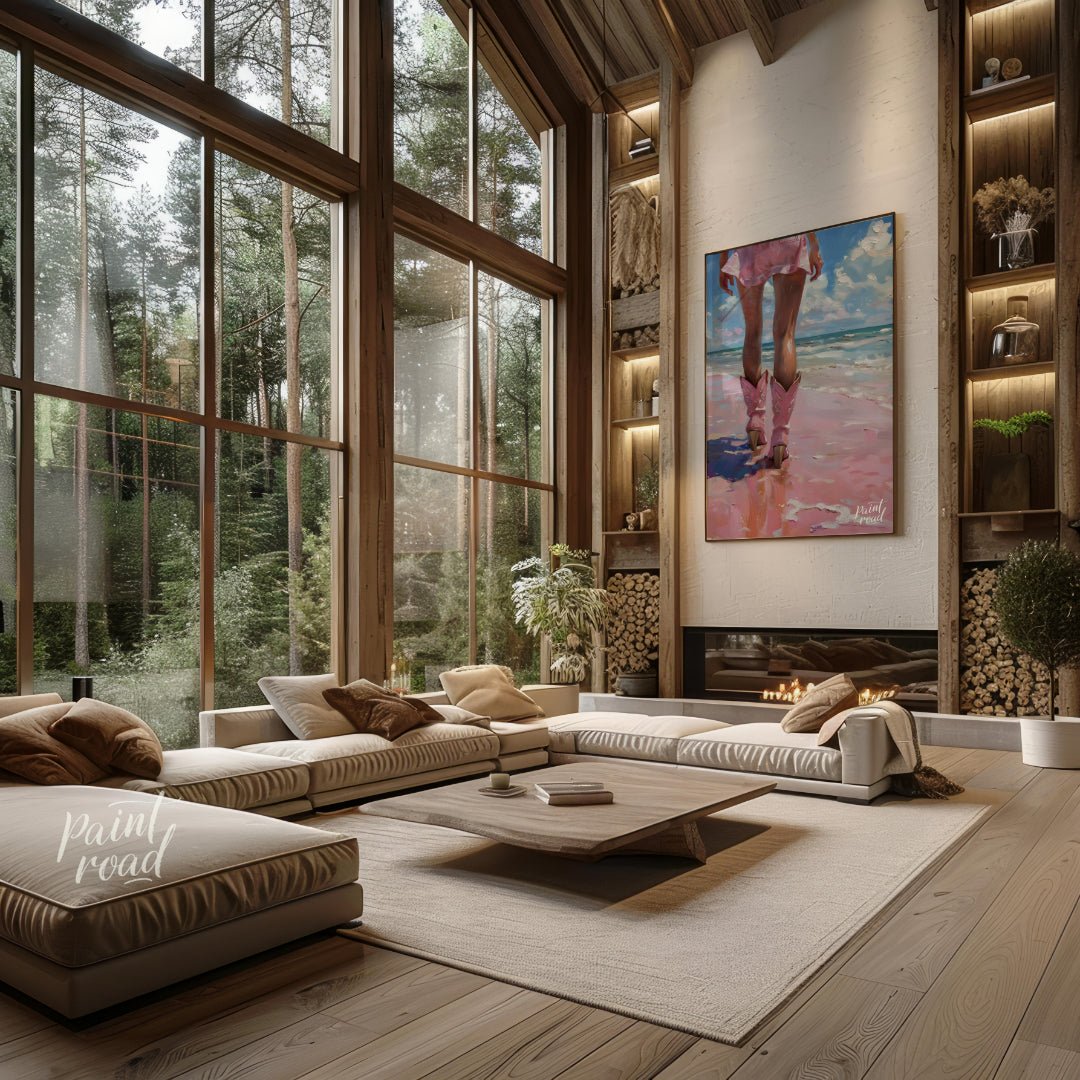 This captivating artwork presents a unique perspective of a person walking along what appears to be… for living room