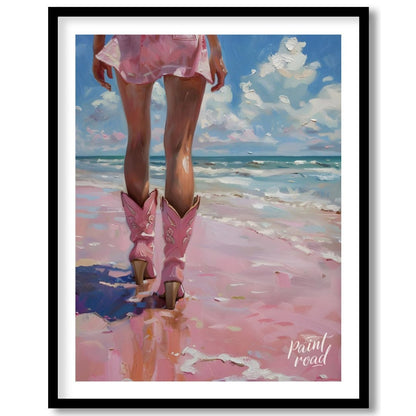 This captivating artwork presents a unique perspective of a person walking along what appears to be… for place