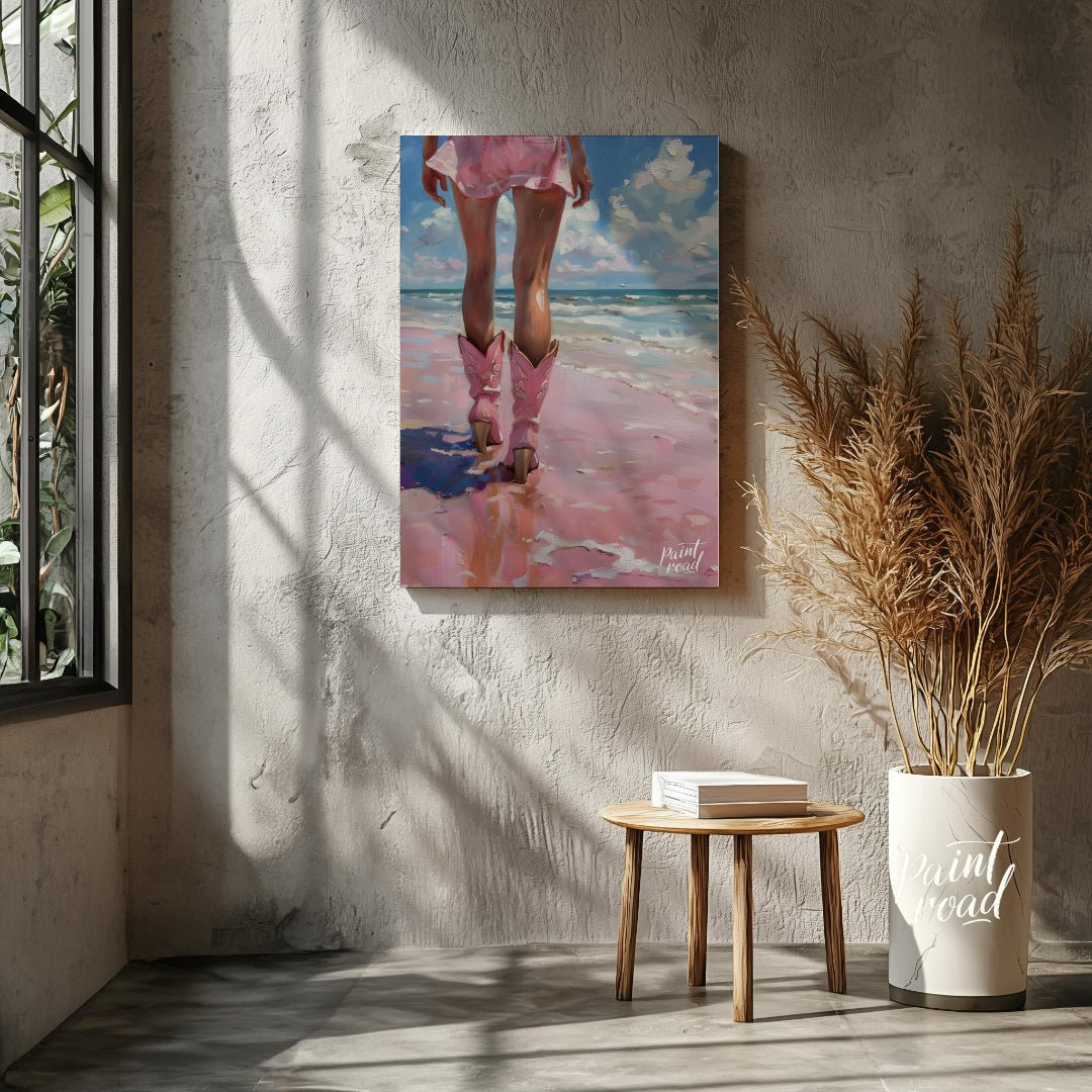 Pink Boots by the Ocean Painting available online at Paintroad showing airy bathroom and beach