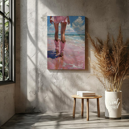 Pink Boots by the Ocean Painting available online at Paintroad showing airy bathroom and beach