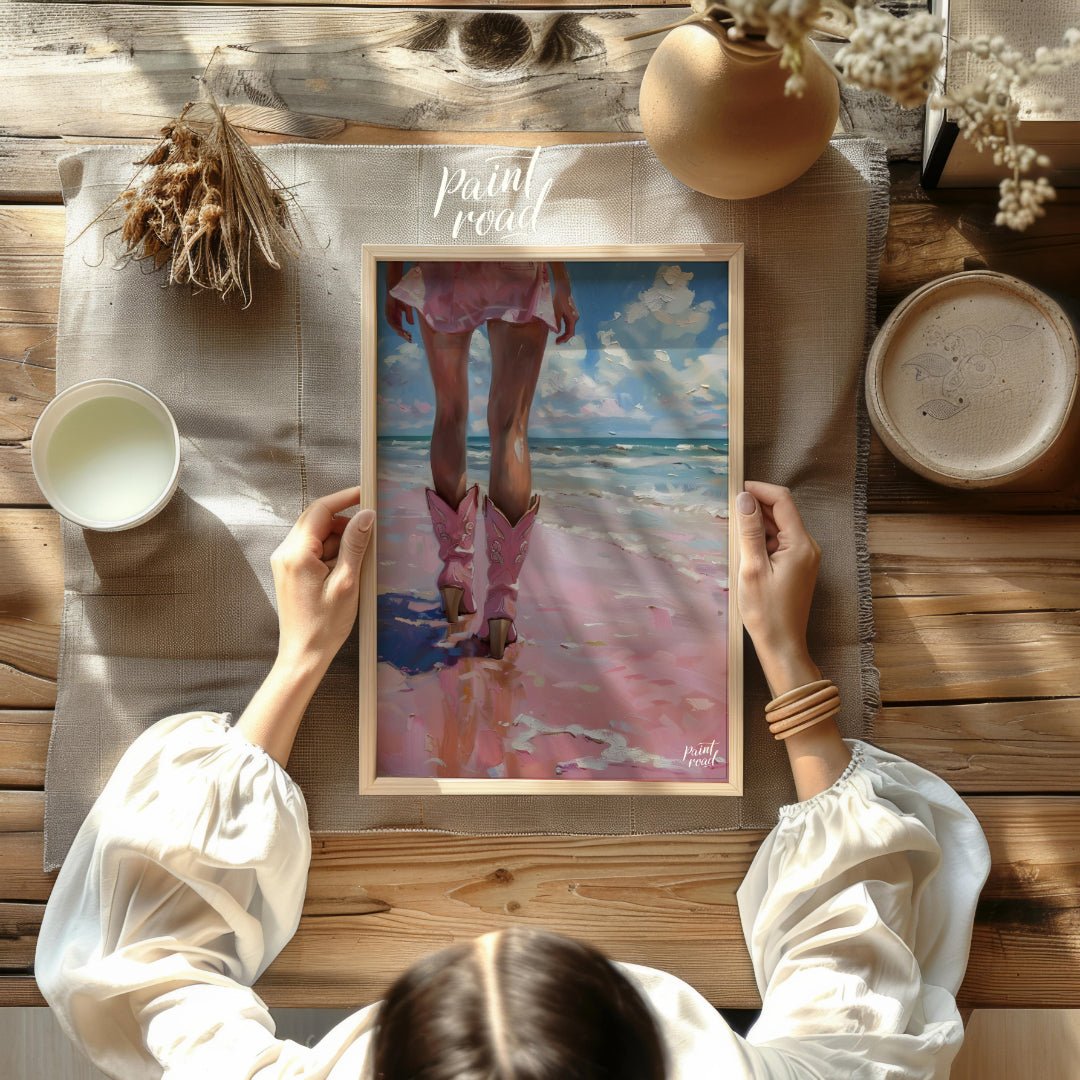 Pink Boots by the Ocean Painting available online at Paintroad showing airy bathroom and beach