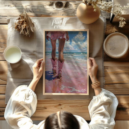 Pink Boots by the Ocean Painting available online at Paintroad showing airy bathroom and beach