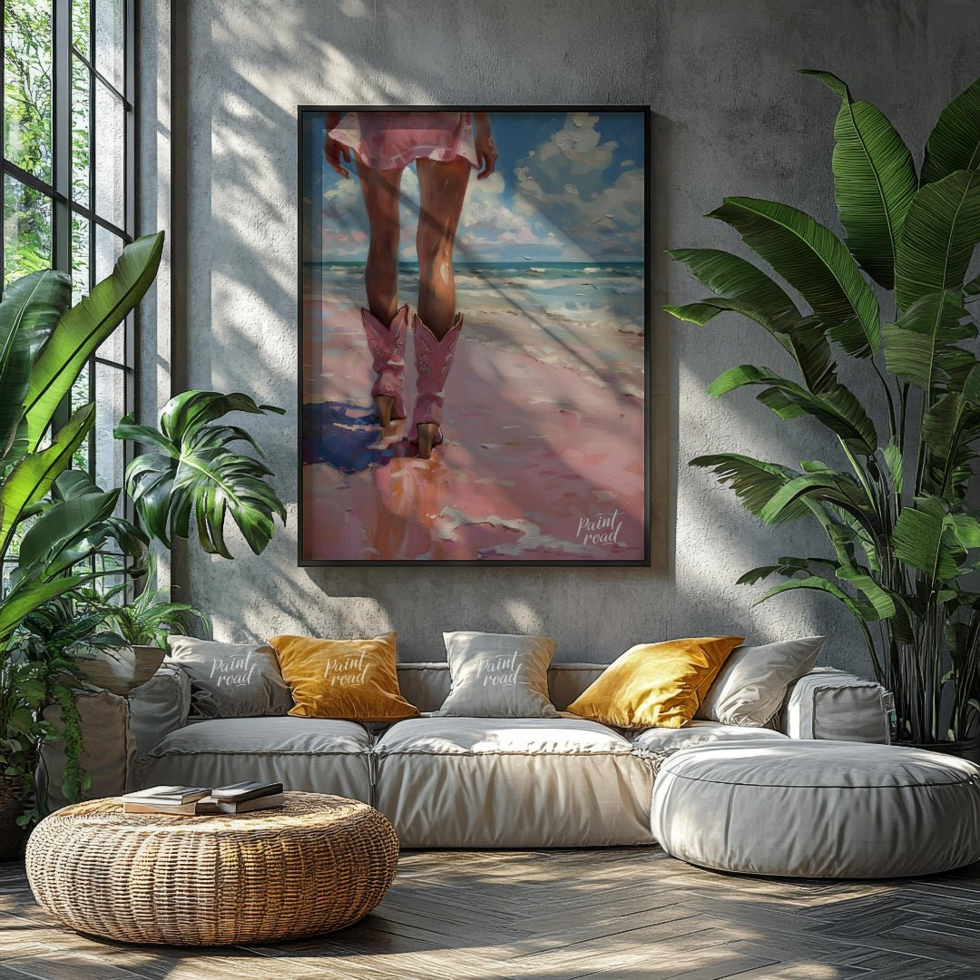 Pink Boots by the Ocean Painting available online at Paintroad showing airy bathroom and beach