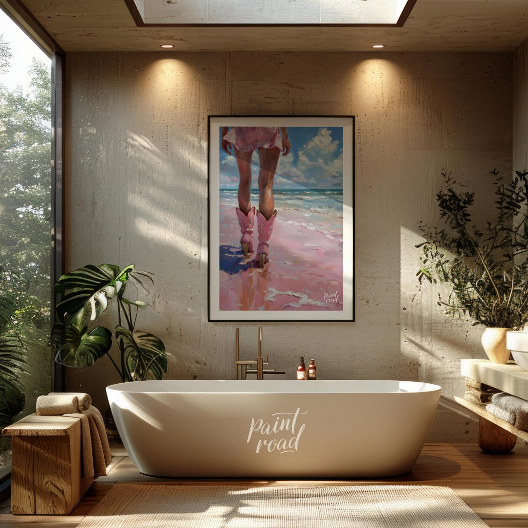 Pink Boots by the Ocean Painting available online at Paintroad showing airy bathroom and beach