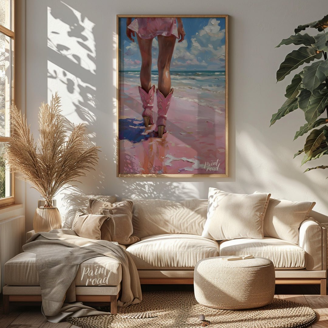Pink Boots by the Ocean Painting available online at Paintroad showing airy bathroom and beach