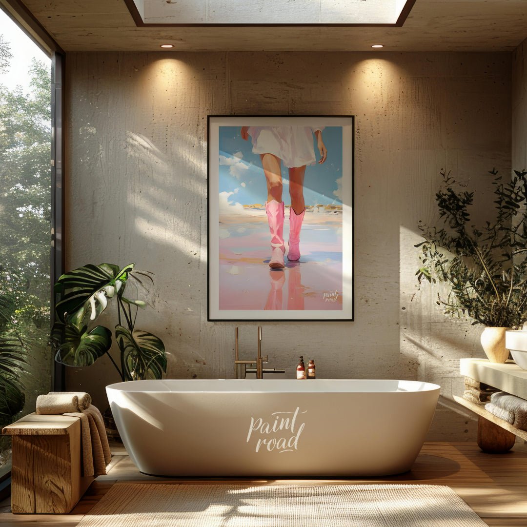 This artwork features a close-up, low-angle perspective of a person's legs and lower torso, clad in… for bathroom