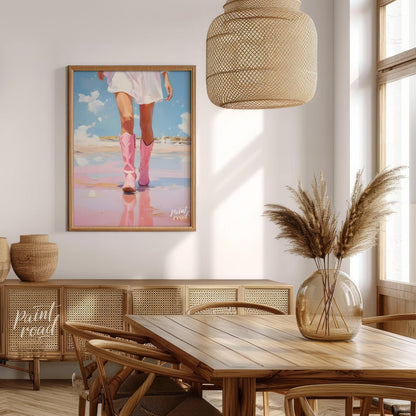 This artwork features a close-up, low-angle perspective of a person's legs and lower torso, clad in… for dining room