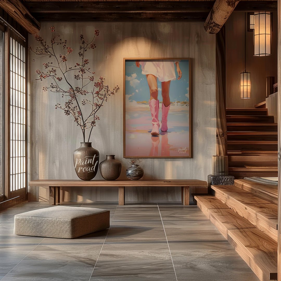 This artwork features a close-up, low-angle perspective of a person's legs and lower torso, clad in… for entryway