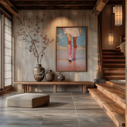This artwork features a close-up, low-angle perspective of a person's legs and lower torso, clad in… for entryway