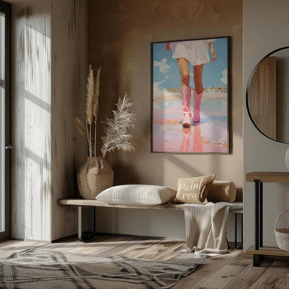 This artwork features a close-up, low-angle perspective of a person's legs and lower torso, clad in… for entryway