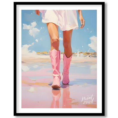 This artwork features a close-up, low-angle perspective of a person's legs and lower torso, clad in… for home