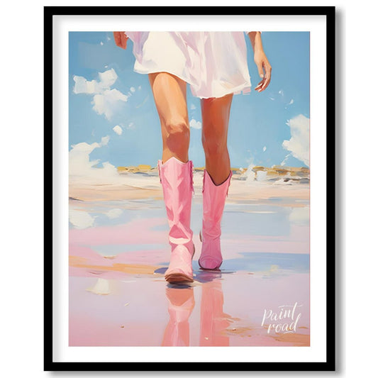 This artwork features a close-up, low-angle perspective of a person's legs and lower torso, clad in… for home