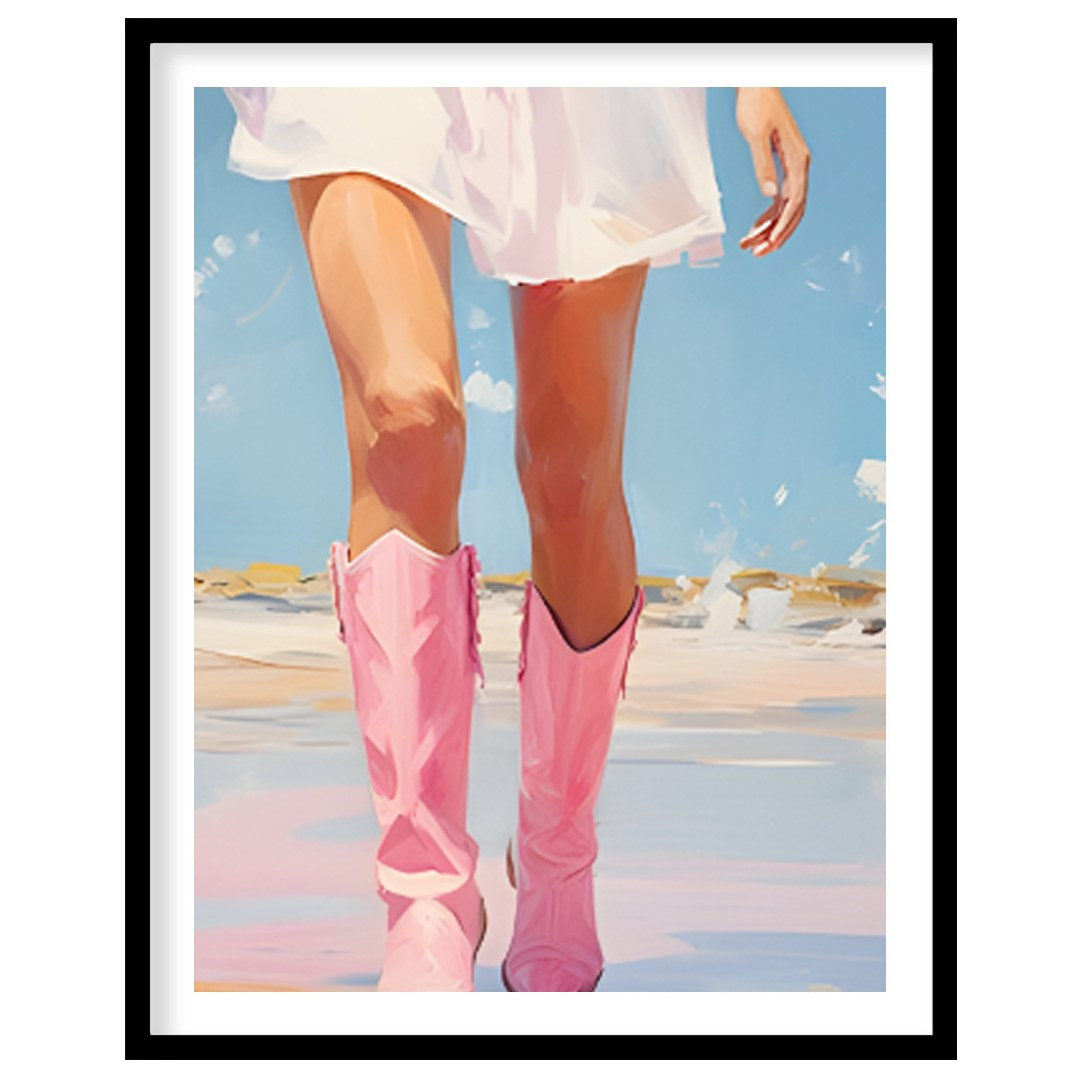 This artwork features a close-up, low-angle perspective of a person's legs and lower torso, clad in… for home