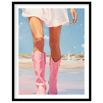 This artwork features a close-up, low-angle perspective of a person's legs and lower torso, clad in… for home