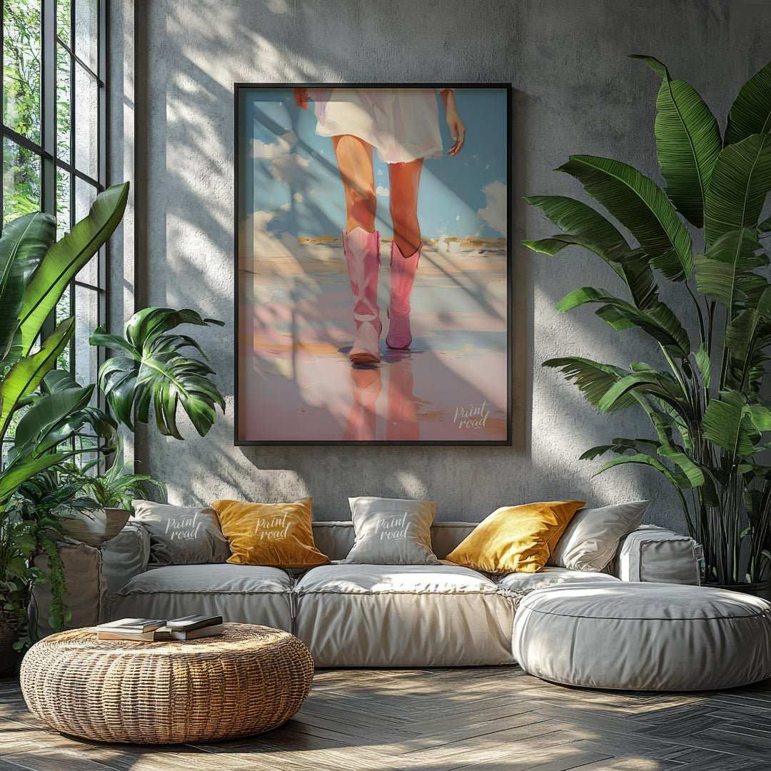 This artwork features a close-up, low-angle perspective of a person's legs and lower torso, clad in… for living room