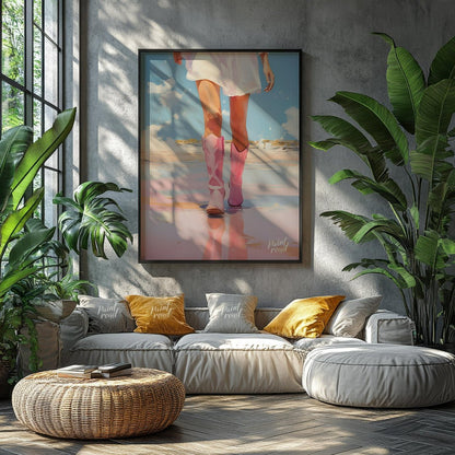 This artwork features a close-up, low-angle perspective of a person's legs and lower torso, clad in… for living room