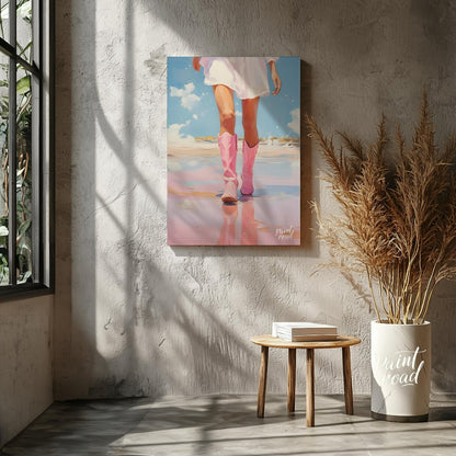 This artwork features a close-up, low-angle perspective of a person's legs and lower torso, clad in… for living room