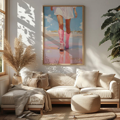 This artwork features a close-up, low-angle perspective of a person's legs and lower torso, clad in… for living room