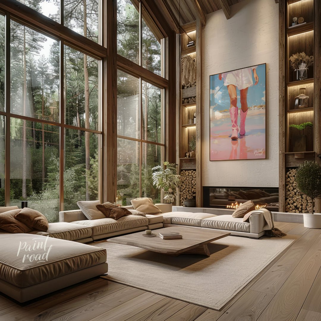 This artwork features a close-up, low-angle perspective of a person's legs and lower torso, clad in… for living room