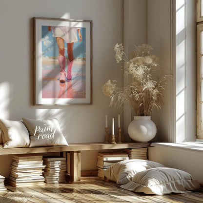 This artwork features a close-up, low-angle perspective of a person's legs and lower torso, clad in… for living room