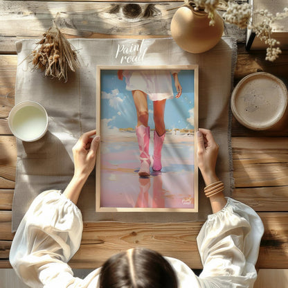 This artwork features a close-up, low-angle perspective of a person's legs and lower torso, clad in… for other