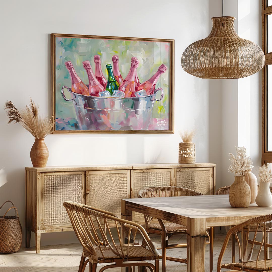 A vibrant and inviting oil painting capturing a collection of pink champagne bottles chilling in a … for dining room