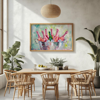 A vibrant and inviting oil painting capturing a collection of pink champagne bottles chilling in a … for dining room