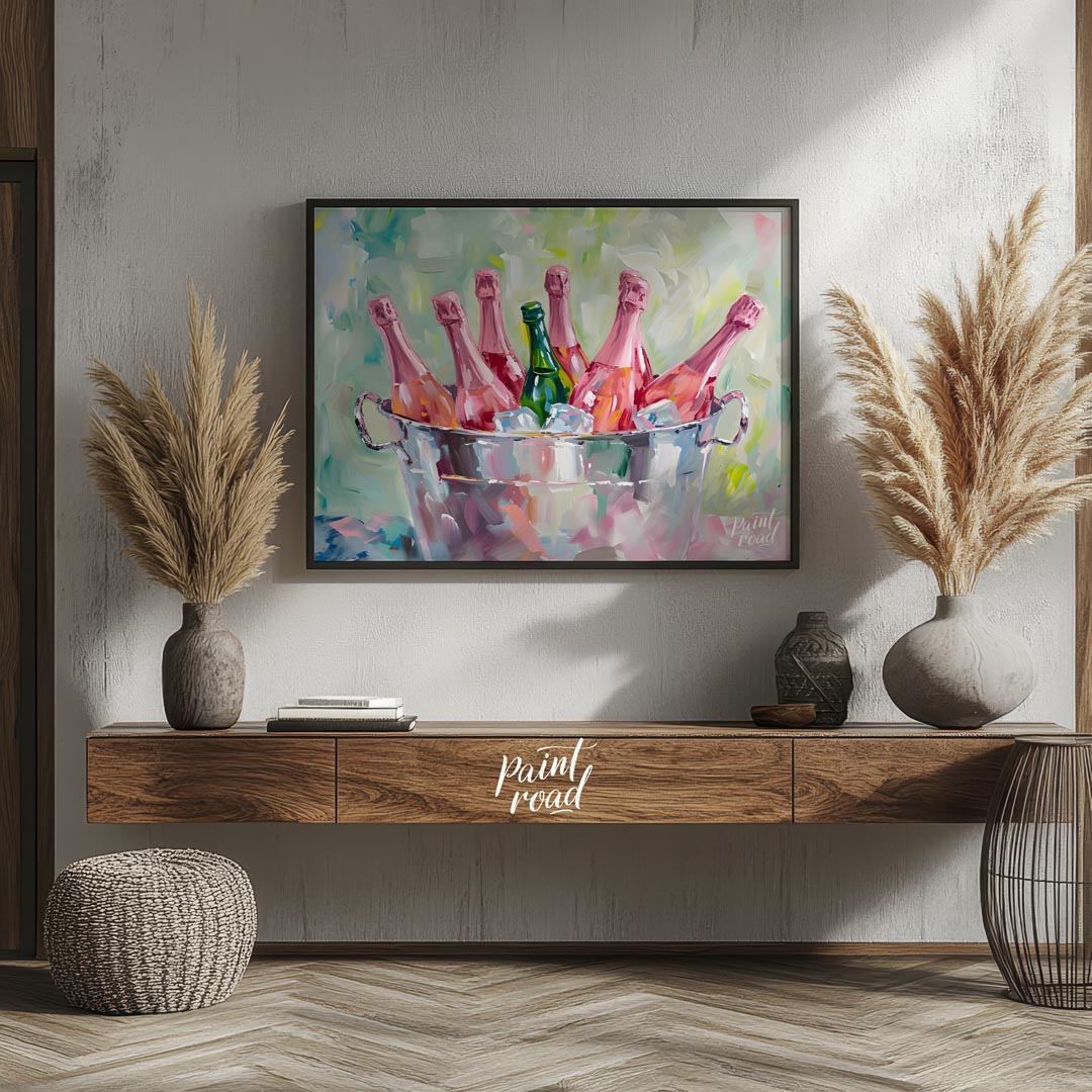 A vibrant and inviting oil painting capturing a collection of pink champagne bottles chilling in a … for entryway