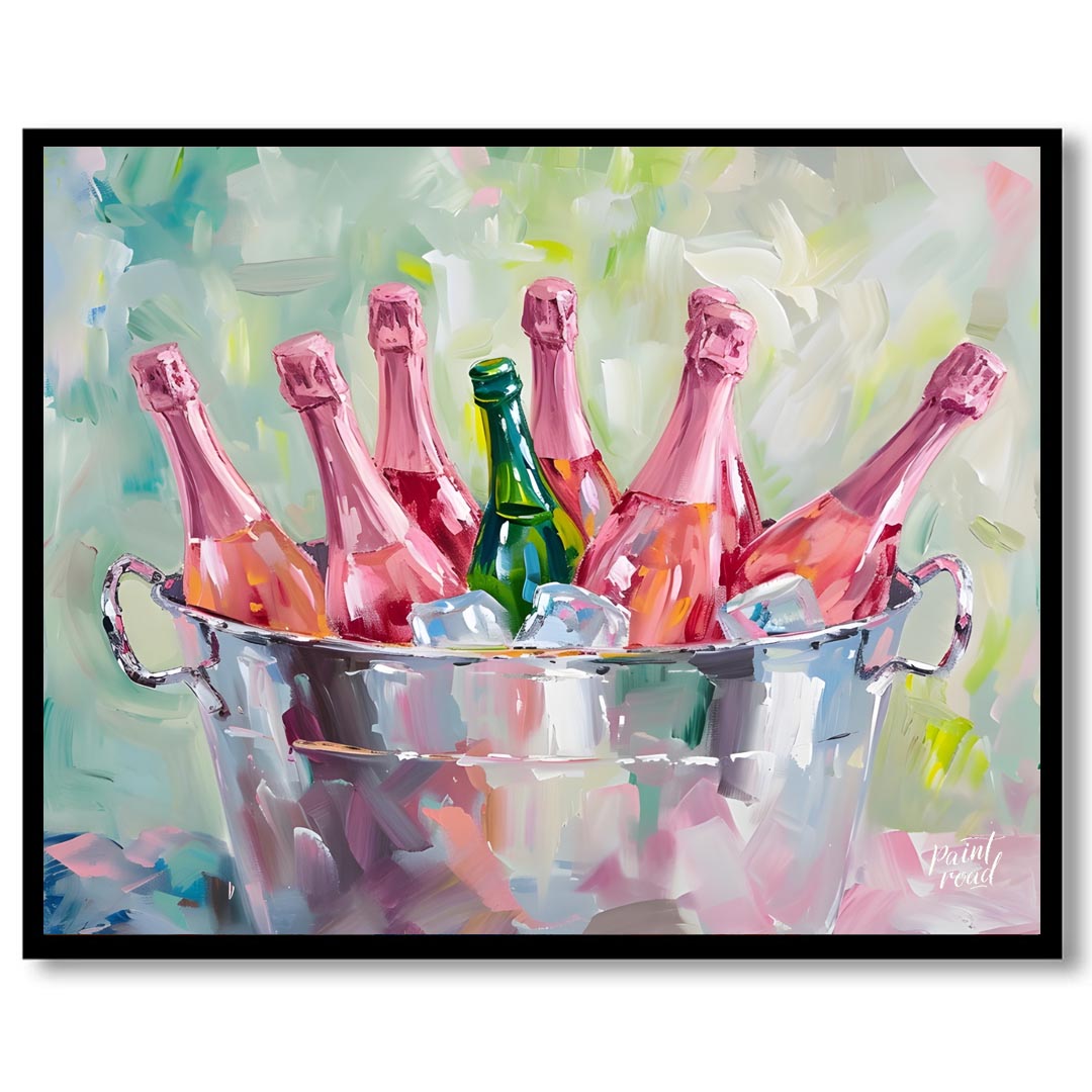 A vibrant and inviting oil painting capturing a collection of pink champagne bottles chilling in a … for home