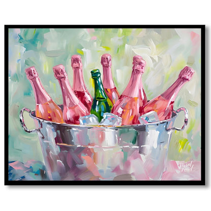A vibrant and inviting oil painting capturing a collection of pink champagne bottles chilling in a … for home
