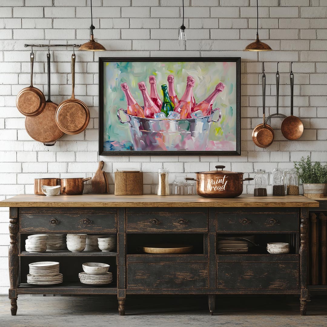 A vibrant and inviting oil painting capturing a collection of pink champagne bottles chilling in a … for kitchen