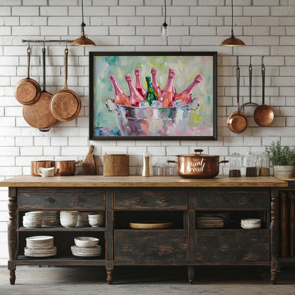 A vibrant and inviting oil painting capturing a collection of pink champagne bottles chilling in a … for kitchen