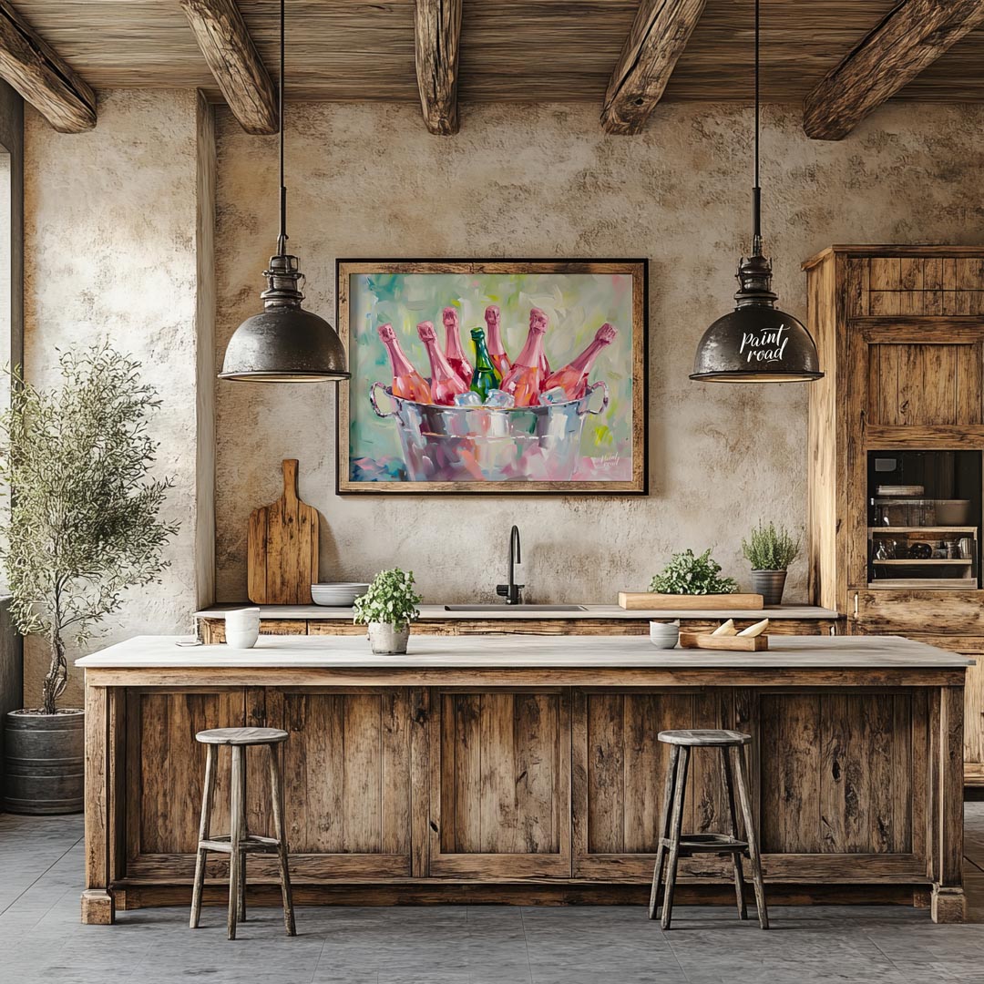 A vibrant and inviting oil painting capturing a collection of pink champagne bottles chilling in a … for kitchen